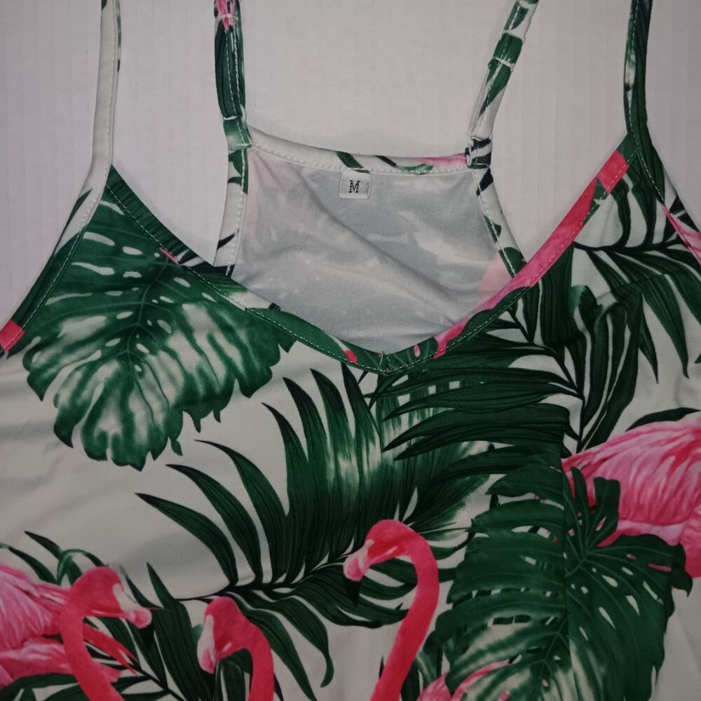 WOMEN'S FLAMINGOS TROPICAL LEAVES POCKET ROMPER - Picture 3 of 12